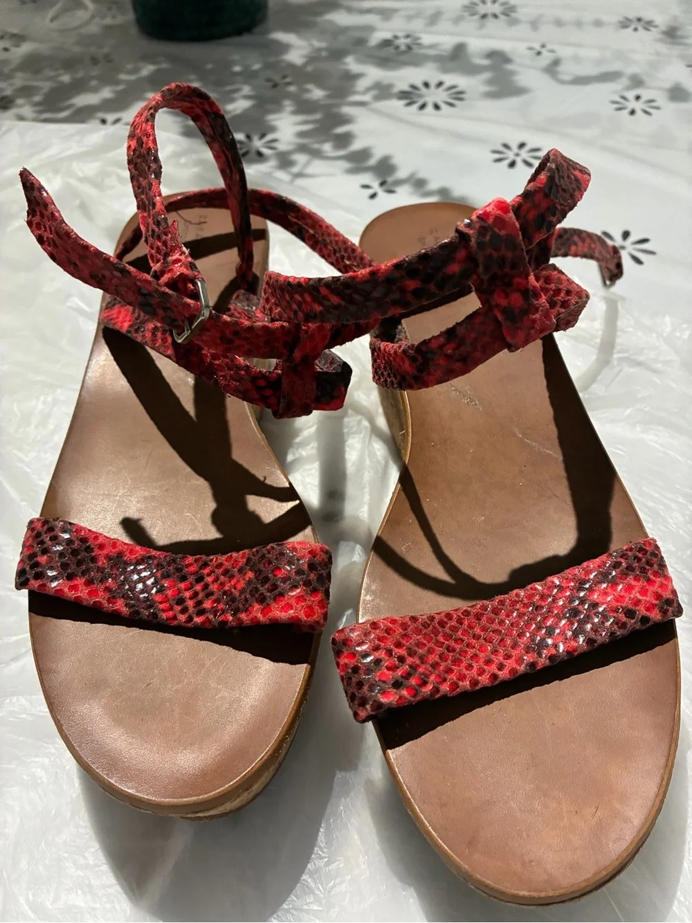 Zara Red Snake-Print Cork Wedge Sandals